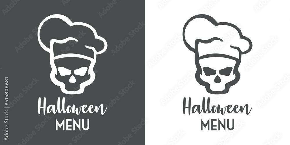 Banner con texto manuscrito Halloween Menu con silueta de calavera con sombrero de chef. Logo restaurante. Vector en fondo gris y fondo blanco Banner con texto manuscrito Halloween Menu con silueta de calavera con sombrero de chef. Logo restaurante. Vector en fondo gris y fondo blanco