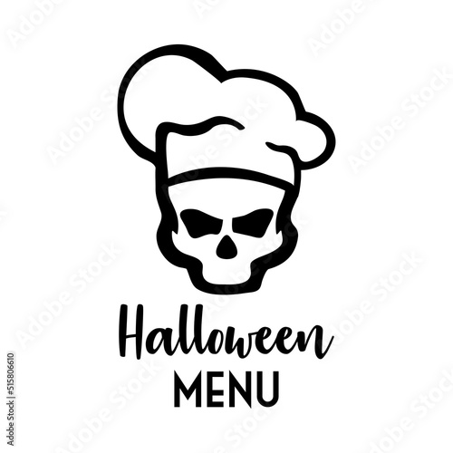 Banner con texto manuscrito Halloween Menu con silueta de calavera con sombrero de chef. Logo restaurante. Vector en color negro