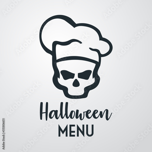 Banner con texto manuscrito Halloween Menu con silueta de calavera con sombrero de chef. Logo restaurante. Vector en fondo gris