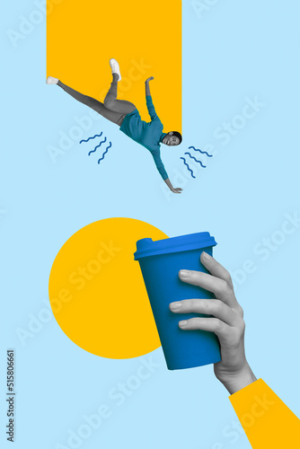 Vertical collage illustration of mini person black white gamma fall jumping huge arm hold coffee cup isolated on drawing background
