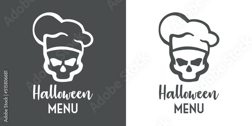 Banner con texto manuscrito Halloween Menu con silueta de calavera con sombrero de chef. Logo restaurante. Vector en fondo gris y fondo blanco