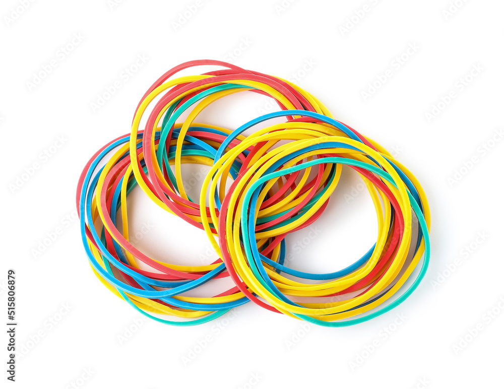 Many colorful rubber bands on white background Many colorful rubber bands on white background