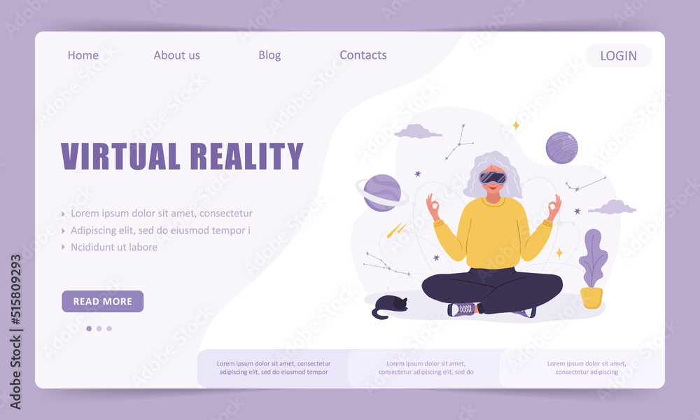 Virtual reality landing page template. Elderly woman in VR glasses ...