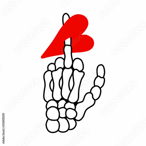 the hand of the skeleton shows the middle finger that goes through the heart.vector illustration on a white background.modern typography design perfect for t shirt,tattoo,poster,banner,sticker,etc