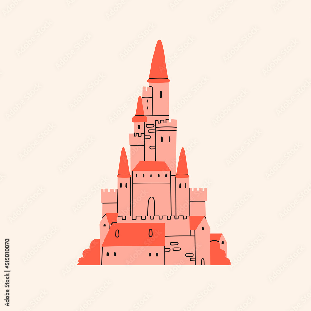 Medieval Castle. Red roof, pink walls. Royal kingdom towers, fortified palace. Old towers, fortress or fairy-tale stone castle. Cartoon style. Hand drawn colored trendy Vector illustration