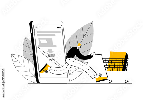 Happy man comes out with purchases from an online supermarket on a smartphone. Concept of a vector illustration in a flat style on the theme of opening an online supermarket.