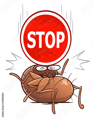 Stop fleas illustration. Heavy stop sign fell down on flea head. Cartoon flea series.