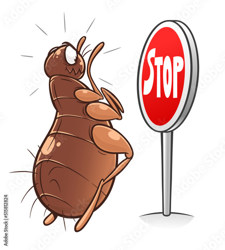 Cartoon flea and stop sign vector illustration. Stopping fleas concept. Cartoon flea series.