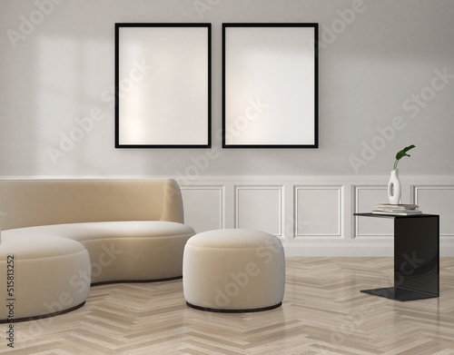 modern living room with sofa and mockup frame, 3d rendering, Illustration © weissdesign