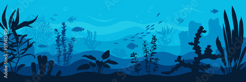 Vector ocean world. Deep seascape with seaweeds, fish and corals. Aquatic ecosystem. Blue background. Illustration of undersea bottom.