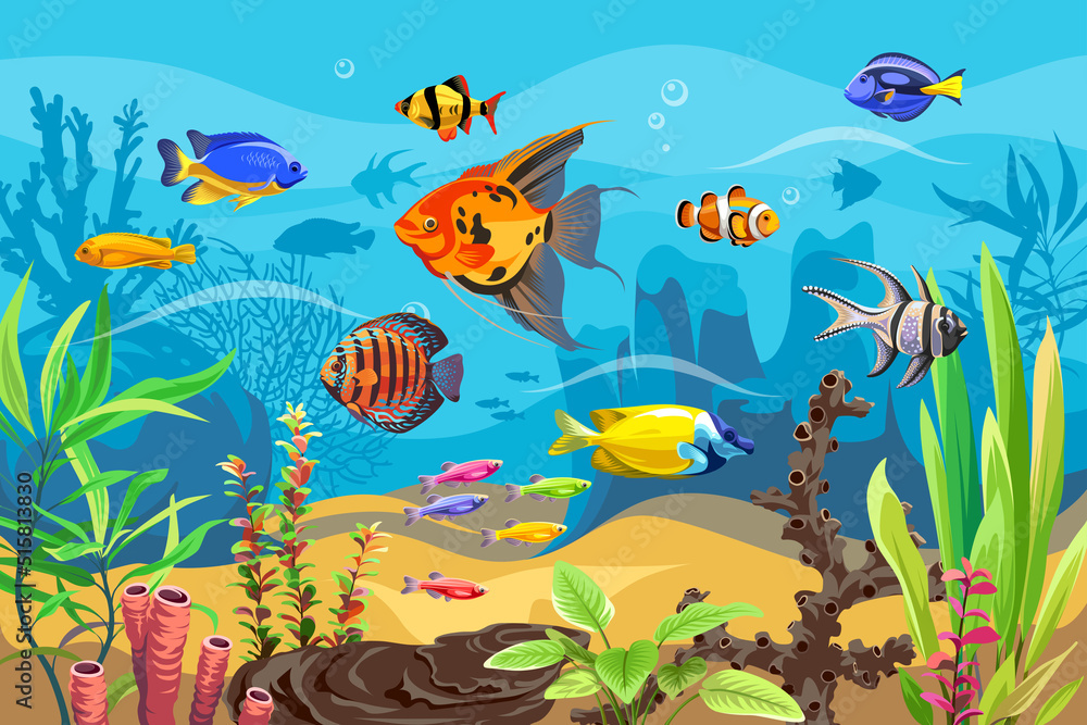 Naklejka premium Vector ocean world. Exotic seascape with fish, seaweeds and corals. Aquatic ecosystem. Illustration of underwater life. Undersea bottom.