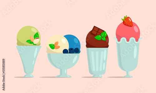 A set of different flavors of ice cream in beautiful bowls. Cartoon icons set. Dishes for ice cream. Various favorites, colors and shapes. Delicious, refreshing summer dessert. Ice cream cafe set