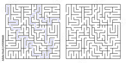Square maze, a simple logic game with labyrinths. Vector maze game.