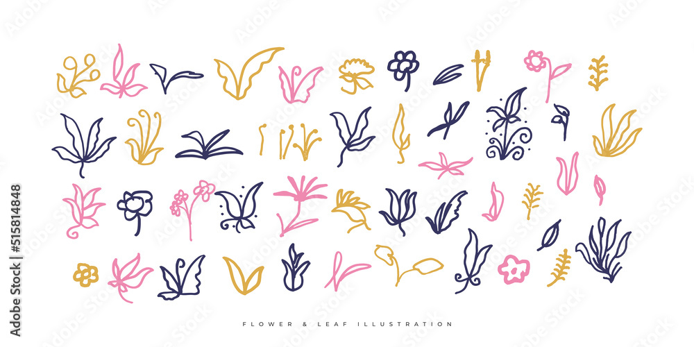 Set of Floral Illustrations. Flower and Leaf Illustration for Poster, Wedding, Greeting Card and Invitation Design