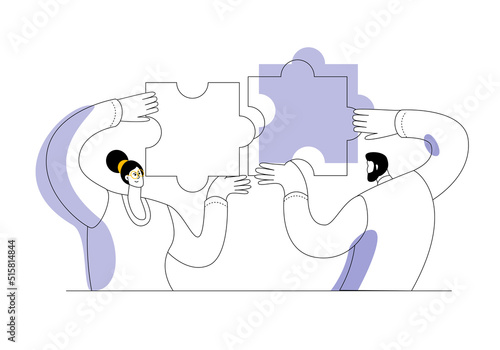 The characters connect the pieces of the puzzle. The concept of a vector illustration in a flat style on the theme of connecting parts into a single whole.