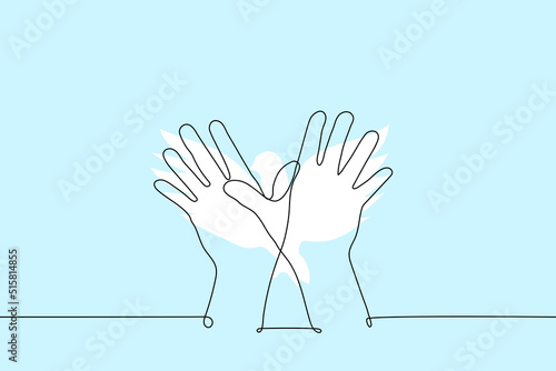 hands with fingers crossed with white bird silhouette - one line drawing vector. concept dove of peace symbol