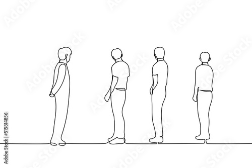 group of men standing and looking in one direction - one line drawing vector. concept attracting the attention of the crowd, male audience, friends watching something