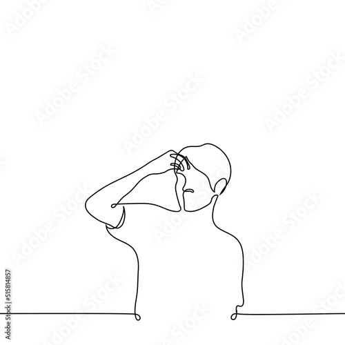 man scratching forehead - one line drawing vector. concept to ponder, suspect, reflect, reflect, brainstorm
