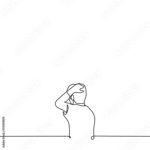 man smoothes his hair or scratches his head - one line drawing vector. the concept of preening, combing your hair with your hand or deep thinking
