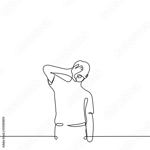 man stands shouting with his hand to his mouth to make it easier to hear - one line drawing vector. concept to attract attention, echo, shout at the top of your lungs, loud call