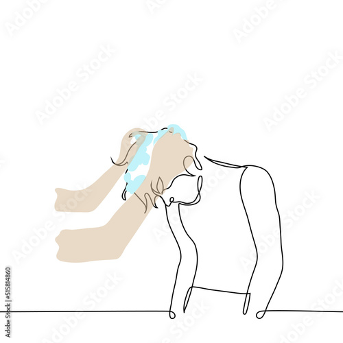young man or youth bent over him to wash his head - one line drawing vector. concept of caring for people with disabilities, metaphor of sissy, social worker or medic nurse helps to wash head
