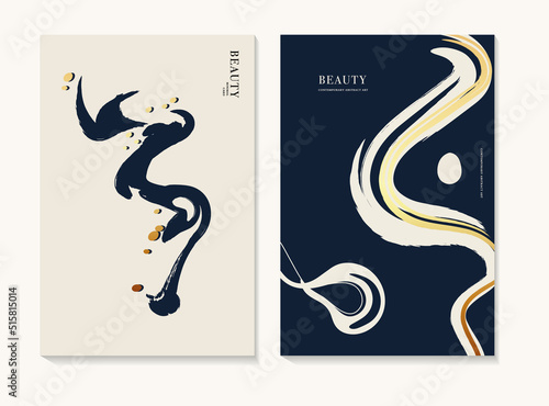 Elegant background abstract beauty shape, minimal organic poster, flyer print. Line art drawing set in vector . Gold collage