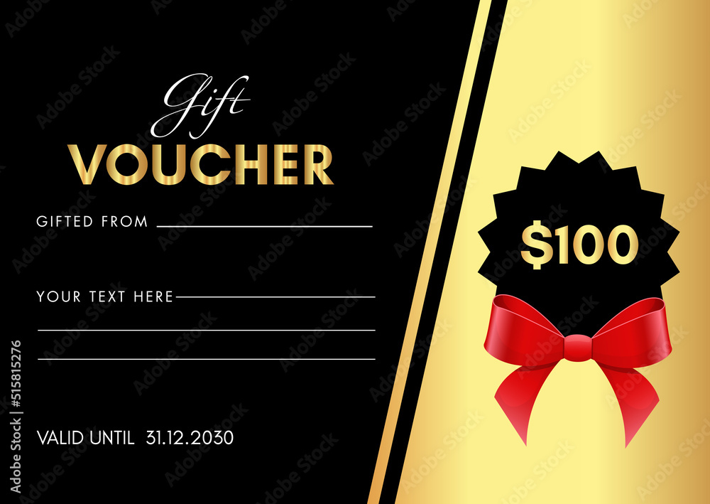 100 Dollar Value Gift Voucher Template with red bow isolated on black