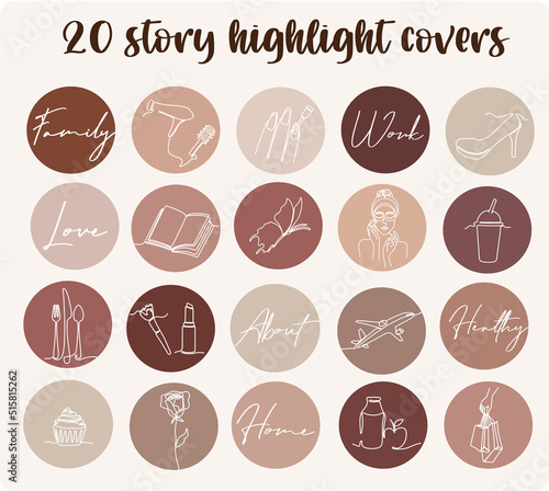 One line instagram lifestyle highlight icon set. Hand drawn story covers for social media