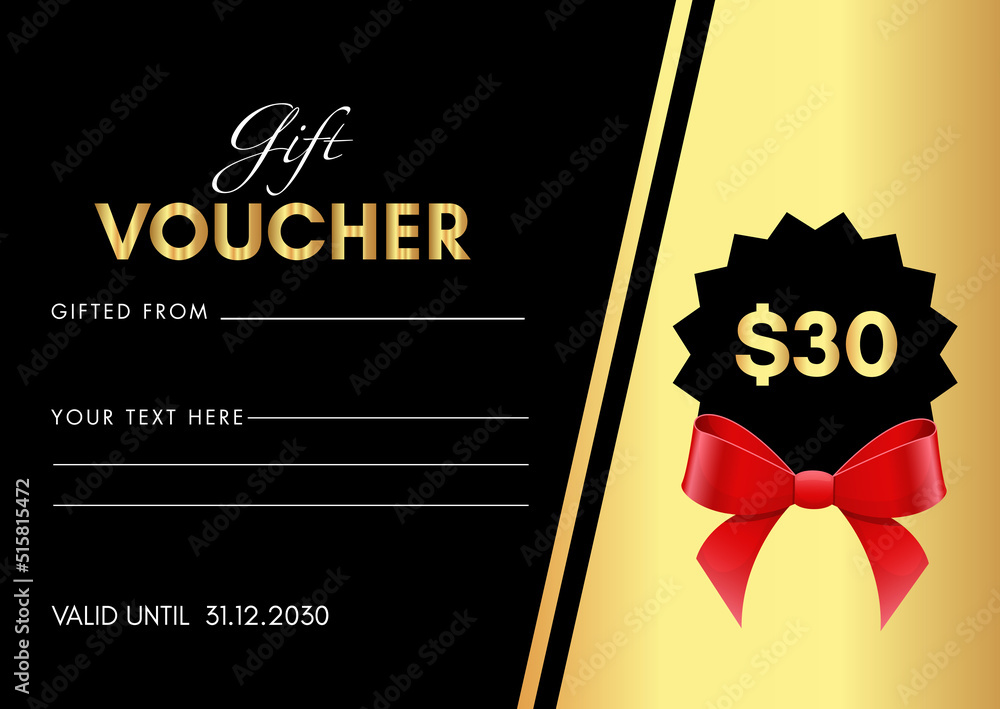 30 Dollar Value Gift Voucher Template with red bow isolated on black background. Premium design for discount certificates, discount coupons, gift card template, premium promotional card.