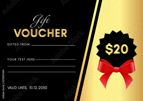 20 Dollar Value Gift Voucher Template with red bow isolated on black background. Premium design for discount certificates, discount coupons, gift card template, premium promotional card.