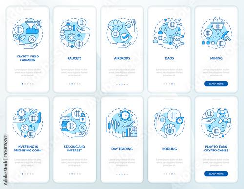 Making money on crypto blue onboarding mobile app screen set. Walkthrough 5 steps editable graphic instructions with linear concepts. UI, UX, GUI template. Myriad Pro-Bold, Regular fonts used
