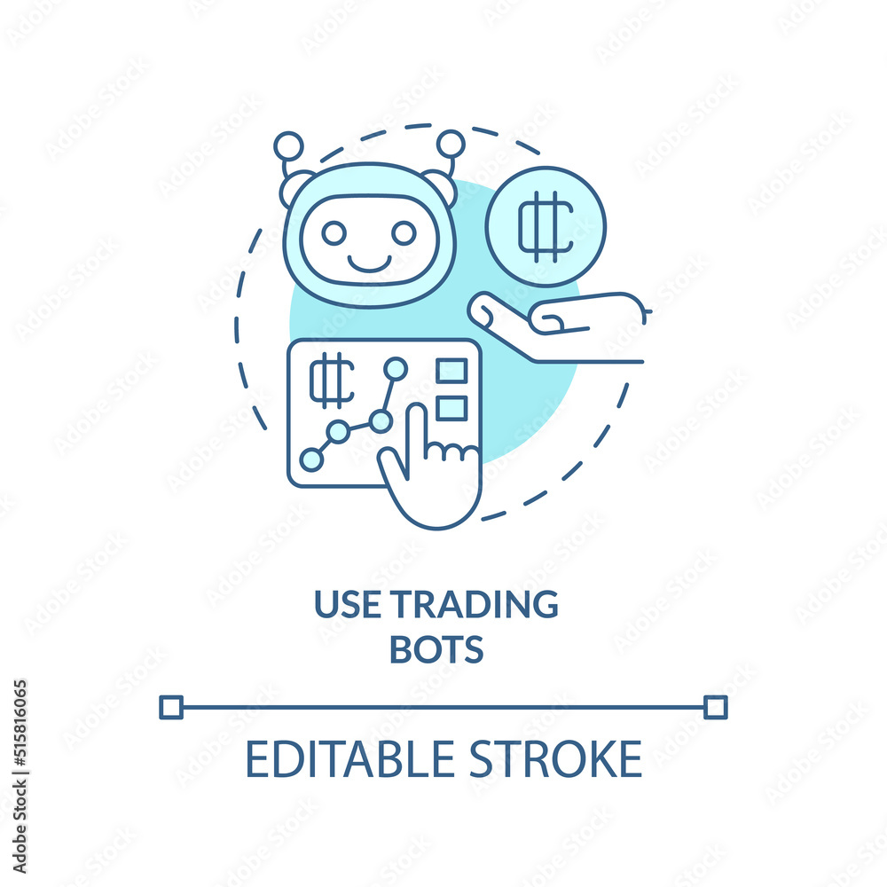 Naklejka premium Use trading bots turquoise concept icon. Multiple platforms. Cryptocurrency tip abstract idea thin line illustration. Isolated outline drawing. Editable stroke. Arial, Myriad Pro-Bold fonts used