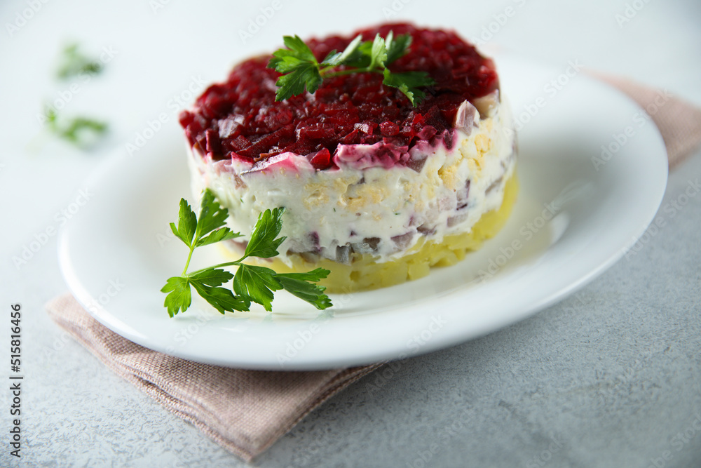 Traditional herring salad with beetroot Traditional herring salad with beetroot