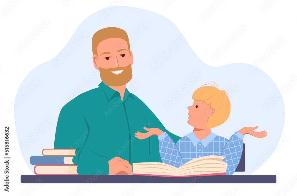 little boy is doing his homework and sadly spreads his hands. father sitting next to him and helping the child. vector illustration in flat style little boy is doing his homework and sadly spreads his hands. father sitting next to him and helping the child. vector illustration in flat style