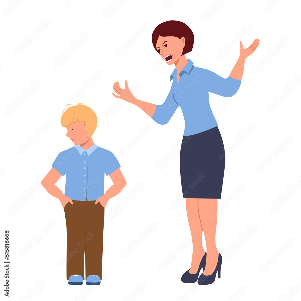 A woman screams at a little boy. A mother scolds her son. Child is upset. Vector illustration in flat style on a white background. A woman screams at a little boy. A mother scolds her son. Child is upset. Vector illustration in flat style on a white background.