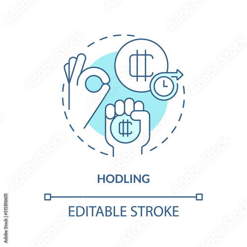 HODLing turquoise concept icon. Buy tokens to keep in long run. Make money on crypto abstract idea thin line illustration. Isolated outline drawing. Editable stroke. Arial, Myriad Pro-Bold fonts used
