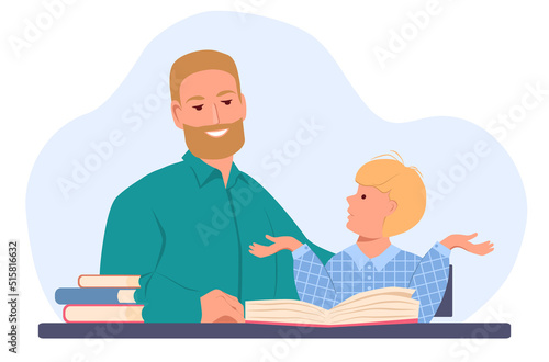 little boy is doing his homework and sadly spreads his hands. father sitting next to him and helping the child. vector illustration in flat style