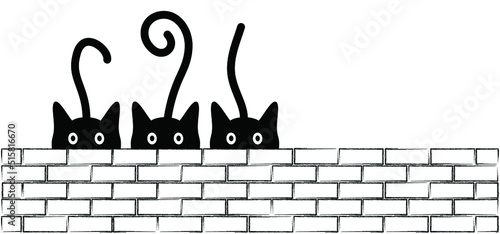 Drawing happy cat line pattern. Kitty silhouette pictogram or symbol on the wall. Flat vector brick stone and cats. Cartoon sketch icon. Animals day or Cat day. 