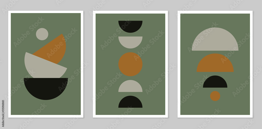 A set of abstract posters depicting simple figures. Modern minimalist background in modern boho style. Mid-century wall decor, vector art print. Composition of simple figures.