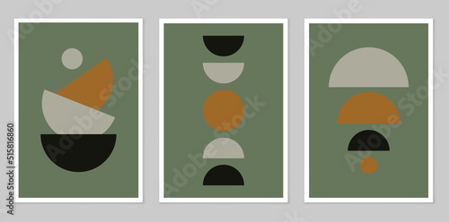 A set of abstract posters depicting simple figures. Modern minimalist background in modern boho style. Mid-century wall decor, vector art print. Composition of simple figures.