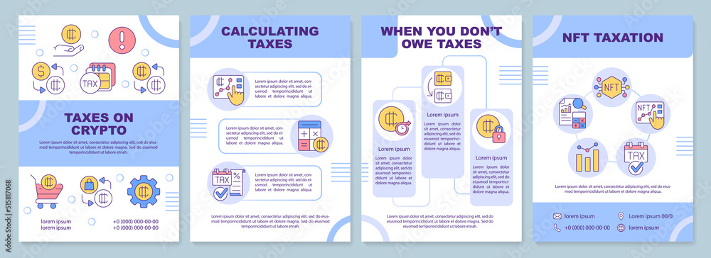 Taxation for cryptocurrency blue brochure template. Leaflet design with linear icons. Editable 4 vector layouts for presentation, annual reports. Arial-Black, Myriad Pro-Regular fonts used