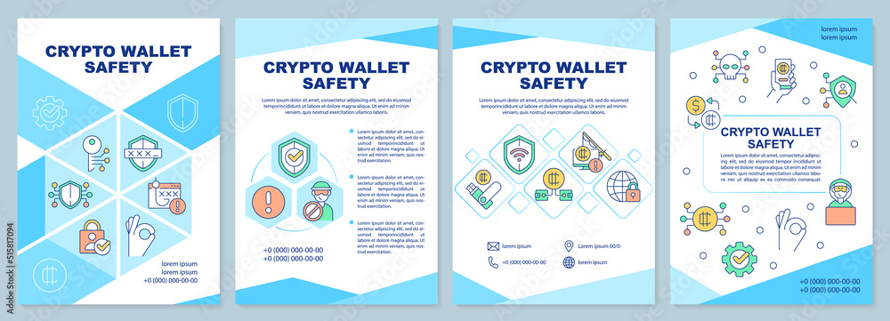 Naklejka premium Crypto wallet safety blue brochure template. Coins storage. Leaflet design with linear icons. Editable 4 vector layouts for presentation, annual reports. Arial-Black, Myriad Pro-Regular fonts used