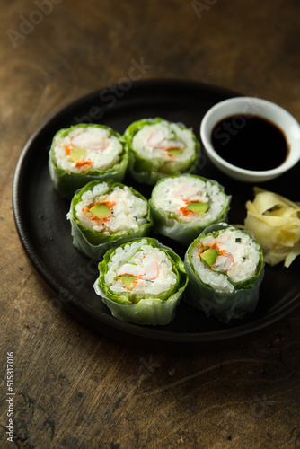 Healthy green sushi rolls with shrimps