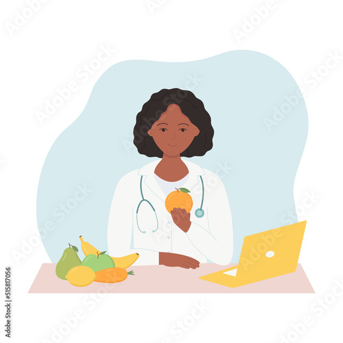 Nutritionist doctor concept with fresh fruits. Dietician African American woman recommends a healthy diet. Vector illustration in flat style