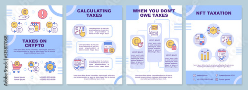 Taxation for cryptocurrency blue brochure template. Leaflet design with linear icons. Editable 4 vector layouts for presentation, annual reports. Arial-Black, Myriad Pro-Regular fonts used