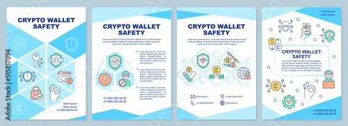 Crypto wallet safety blue brochure template. Coins storage. Leaflet design with linear icons. Editable 4 vector layouts for presentation, annual reports. Arial-Black, Myriad Pro-Regular fonts used