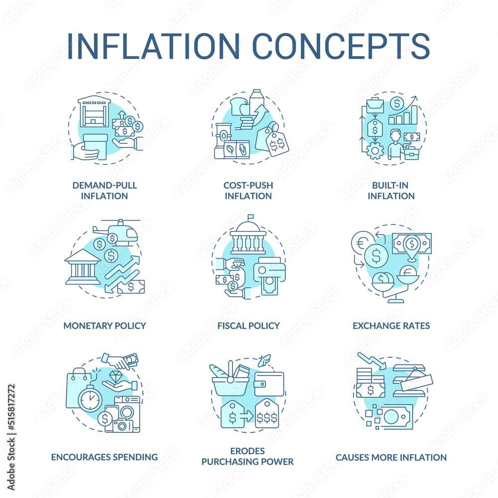 Inflation turquoise concept icons set. Increasing prices. Purchasing power idea thin line color illustrations. Isolated symbols. Editable stroke. Roboto-Medium, Myriad Pro-Bold fonts used
