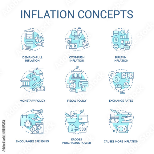 Inflation turquoise concept icons set. Increasing prices. Purchasing power idea thin line color illustrations. Isolated symbols. Editable stroke. Roboto-Medium, Myriad Pro-Bold fonts used