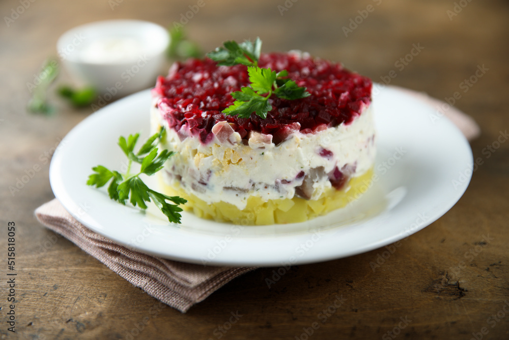 Traditional herring salad with beetroot Traditional herring salad with beetroot