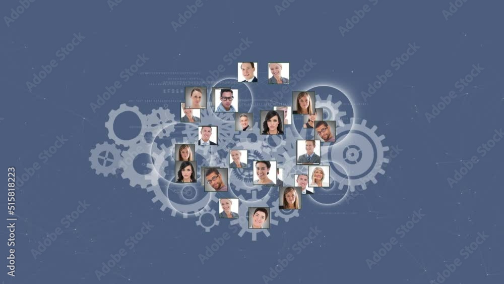 Animation of cogs and diverse people portraits over grey background Animation of cogs and diverse people portraits over grey background